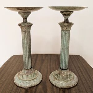 Vintage 70s Greecian Roman Piller Style Metal Patia Tall Candle Holder Pair
